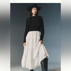 Anthropologie Twofer White Tiered Maxi Dress Black Sweater LP